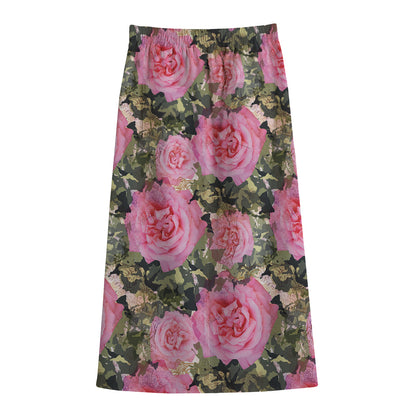 Military Camouflage Flower Pattern Print Cotton Front Slit Maxi Skirt