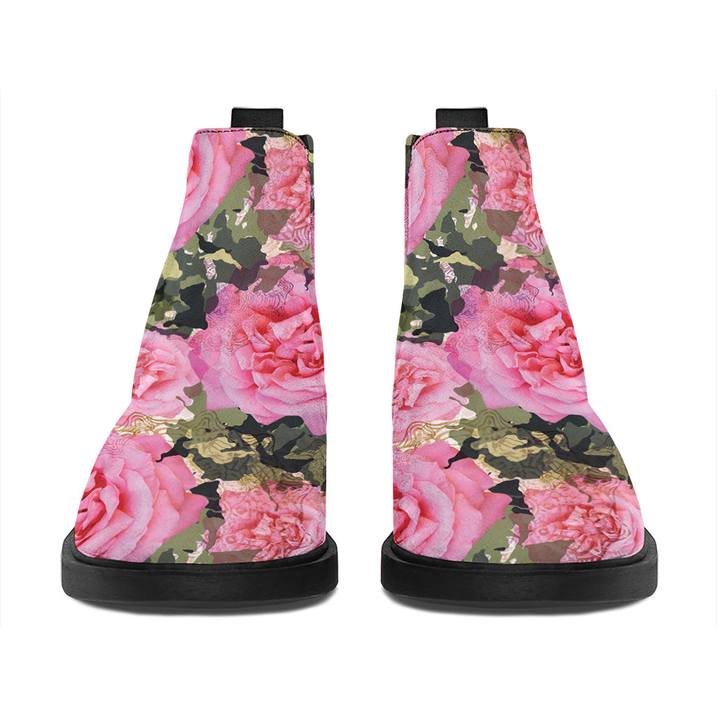 Military Camouflage Flower Pattern Print Flat Ankle Boots