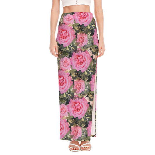 Military Camouflage Flower Pattern Print High Slit Maxi Skirt