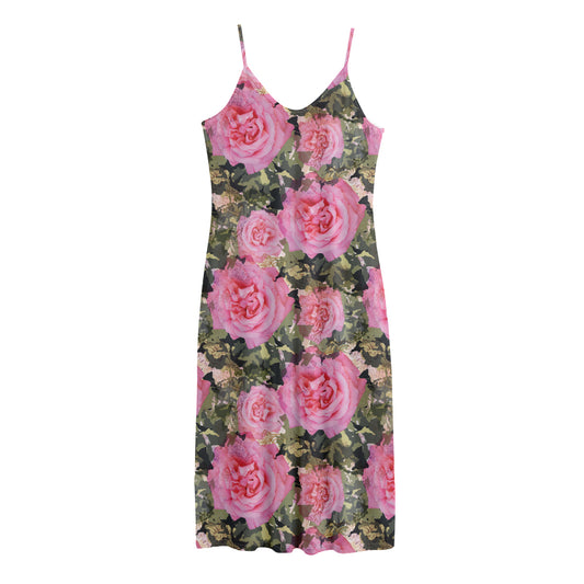 Military Camouflage Flower Pattern Print Jersey Midi Cami Dress
