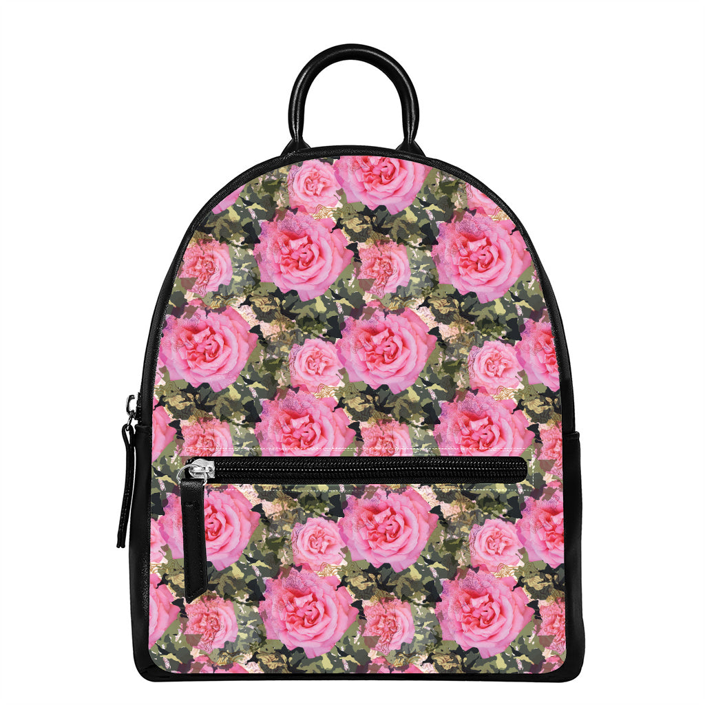 Military Camouflage Flower Pattern Print Leather Backpack