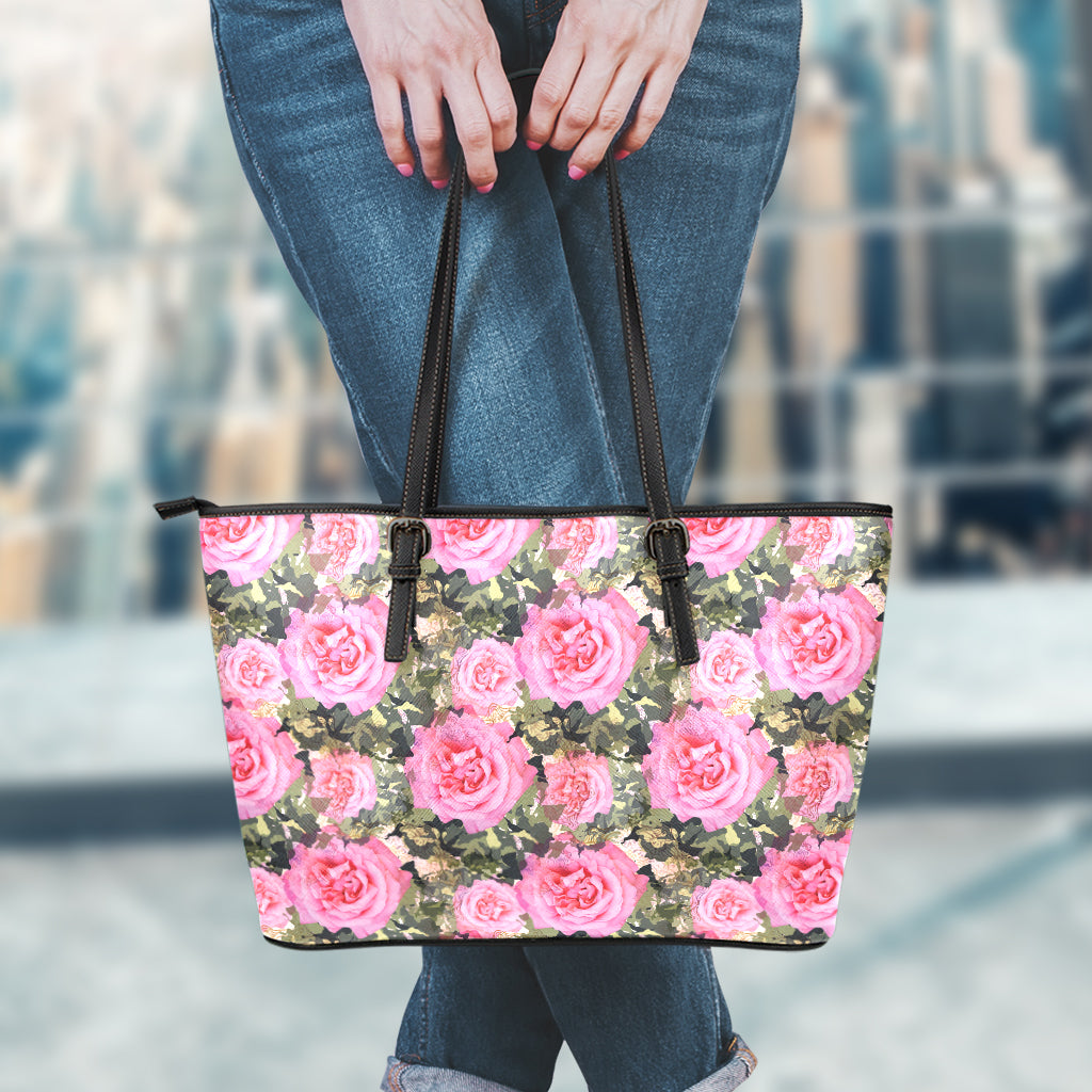 Military Camouflage Flower Pattern Print Leather Tote Bag