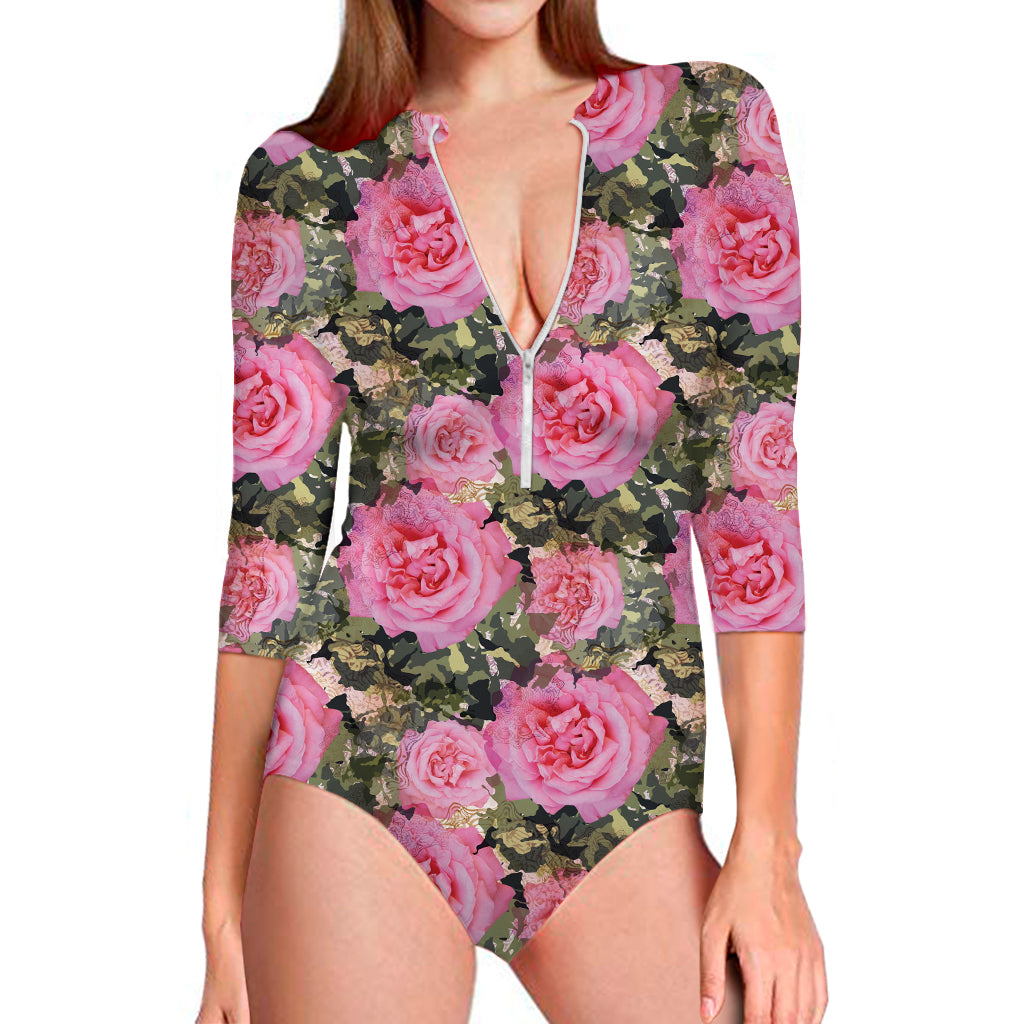 Military Camouflage Flower Pattern Print Long Sleeve Swimsuit