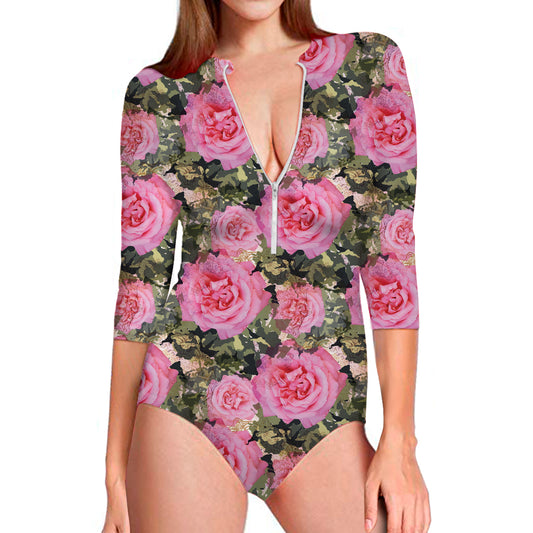 Military Camouflage Flower Pattern Print Long Sleeve Swimsuit