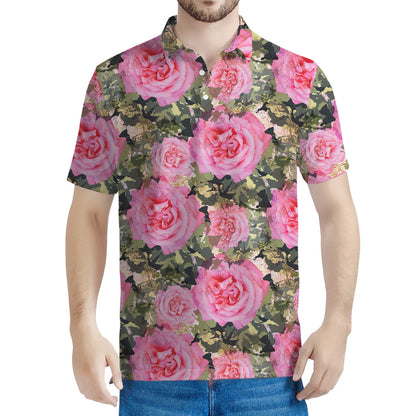 Military Camouflage Flower Pattern Print Men's Polo Shirt