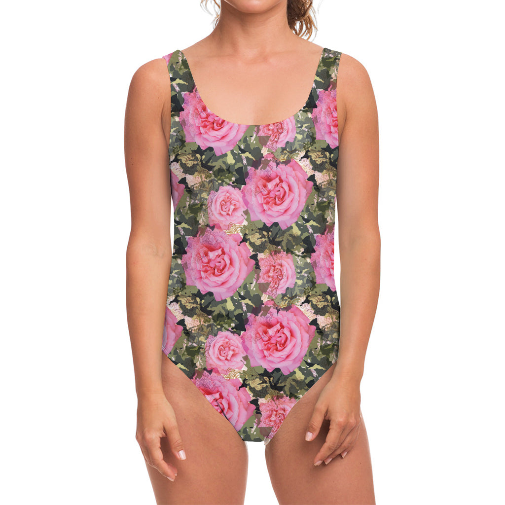 Military Camouflage Flower Pattern Print One Piece Swimsuit