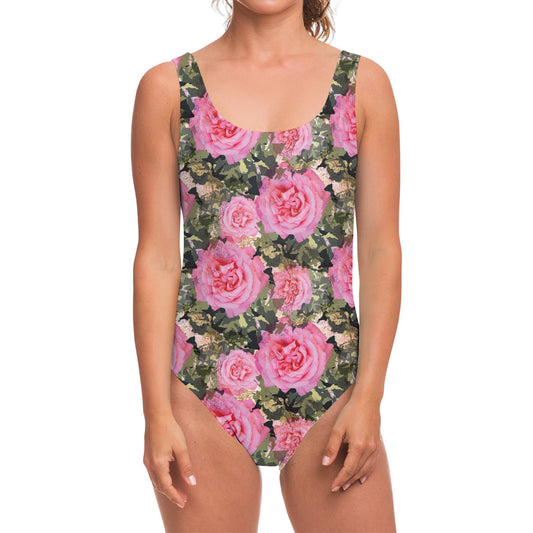 Military Camouflage Flower Pattern Print One Piece Swimsuit