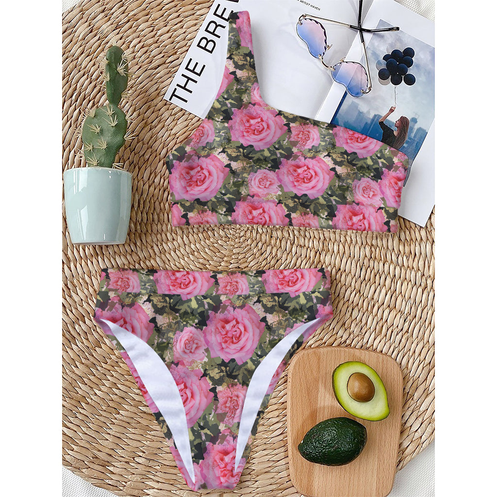 Military Camouflage Flower Pattern Print One Shoulder Bikini Top