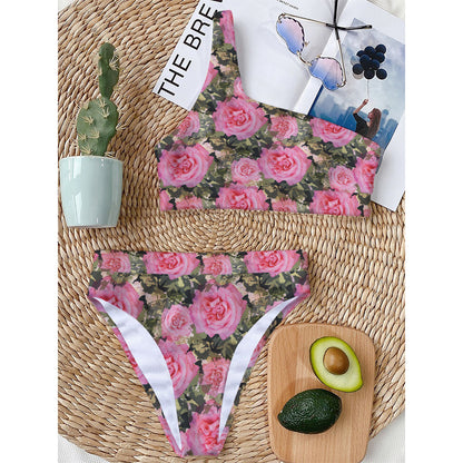 Military Camouflage Flower Pattern Print One Shoulder Bikini Top