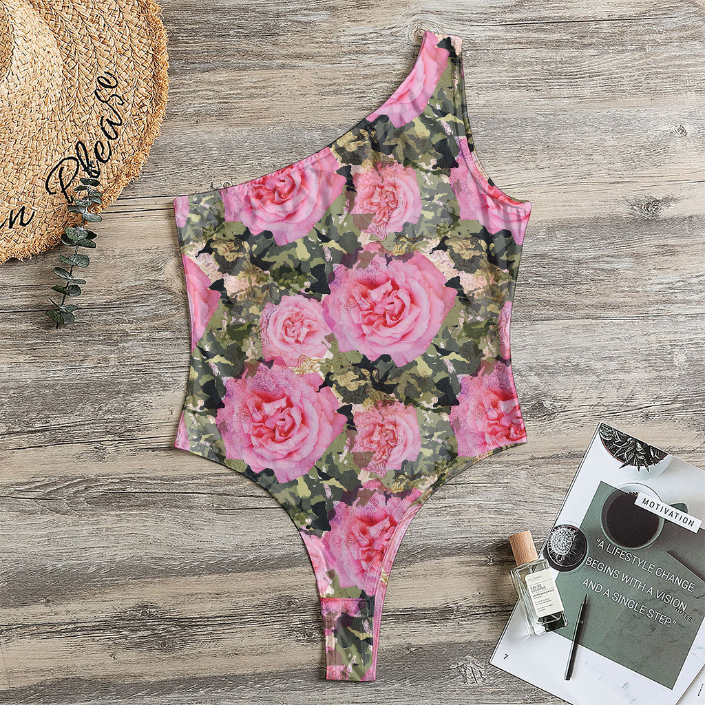 Military Camouflage Flower Pattern Print One Shoulder Bodysuit