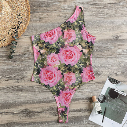 Military Camouflage Flower Pattern Print One Shoulder Bodysuit