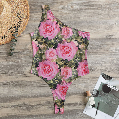 Military Camouflage Flower Pattern Print One Shoulder Bodysuit