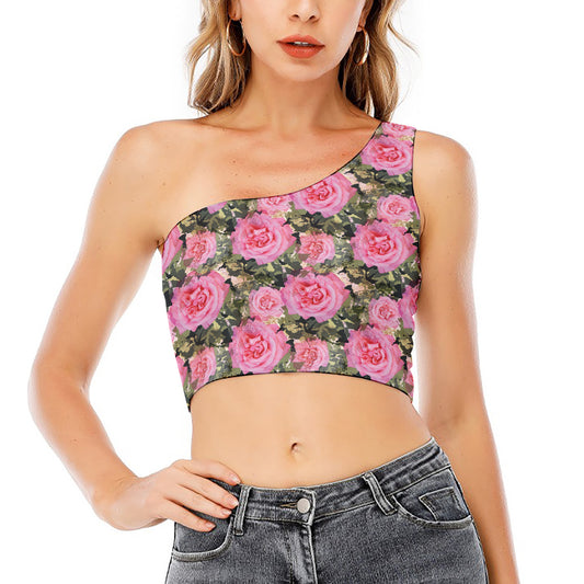 Military Camouflage Flower Pattern Print One Shoulder Crop Top