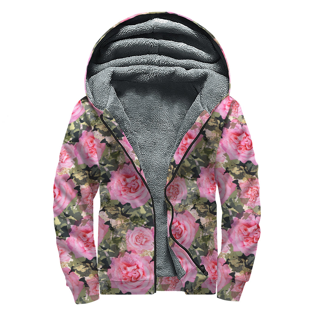 Military Camouflage Flower Pattern Print Sherpa Lined Zip Up Hoodie