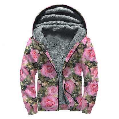 Military Camouflage Flower Pattern Print Sherpa Lined Zip Up Hoodie