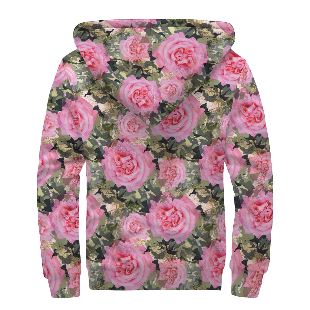 Military Camouflage Flower Pattern Print Sherpa Lined Zip Up Hoodie
