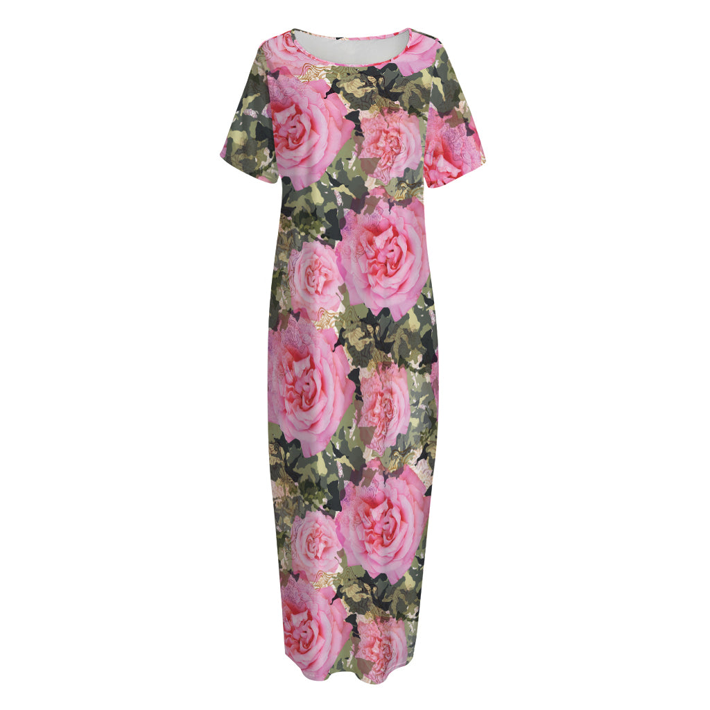 Military Camouflage Flower Pattern Print Short Sleeve Long Nightdress
