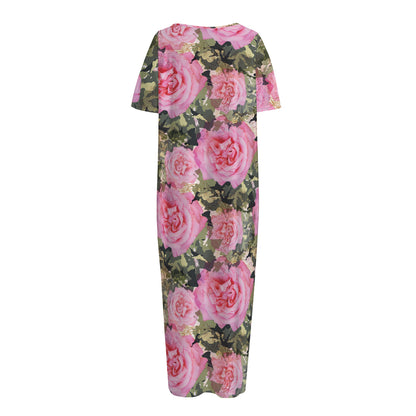 Military Camouflage Flower Pattern Print Short Sleeve Long Nightdress