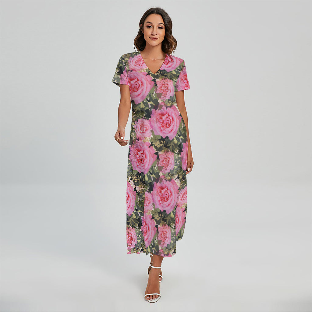 Military Camouflage Flower Pattern Print Short Sleeve Maxi Dress