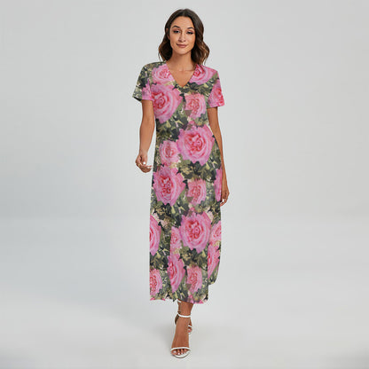 Military Camouflage Flower Pattern Print Short Sleeve Maxi Dress