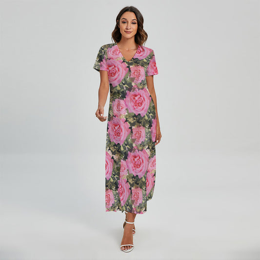 Military Camouflage Flower Pattern Print Short Sleeve Maxi Dress