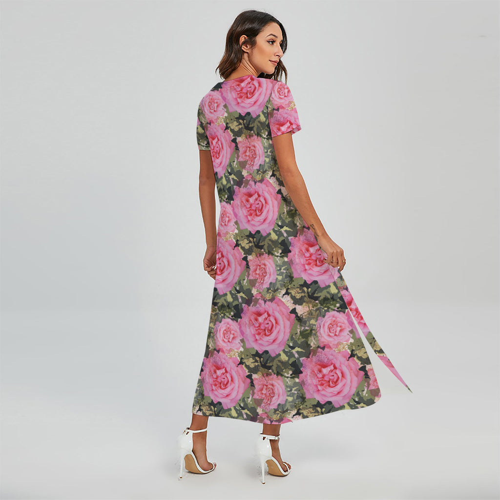 Military Camouflage Flower Pattern Print Short Sleeve Maxi Dress