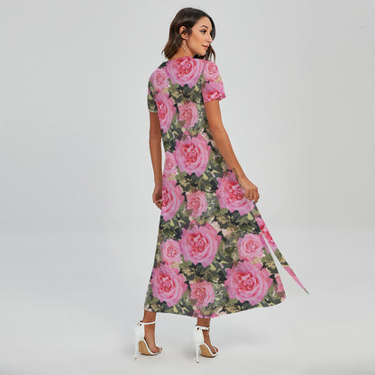 Military Camouflage Flower Pattern Print Short Sleeve Maxi Dress