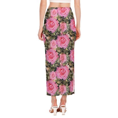 Military Camouflage Flower Pattern Print Side Slit Maxi Skirt