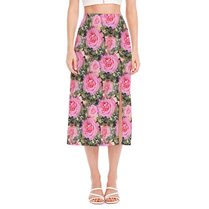 Military Camouflage Flower Pattern Print Side Slit Midi Skirt