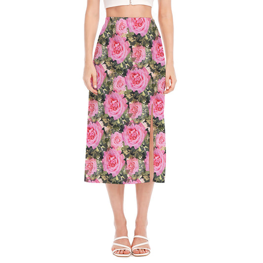 Military Camouflage Flower Pattern Print Side Slit Midi Skirt