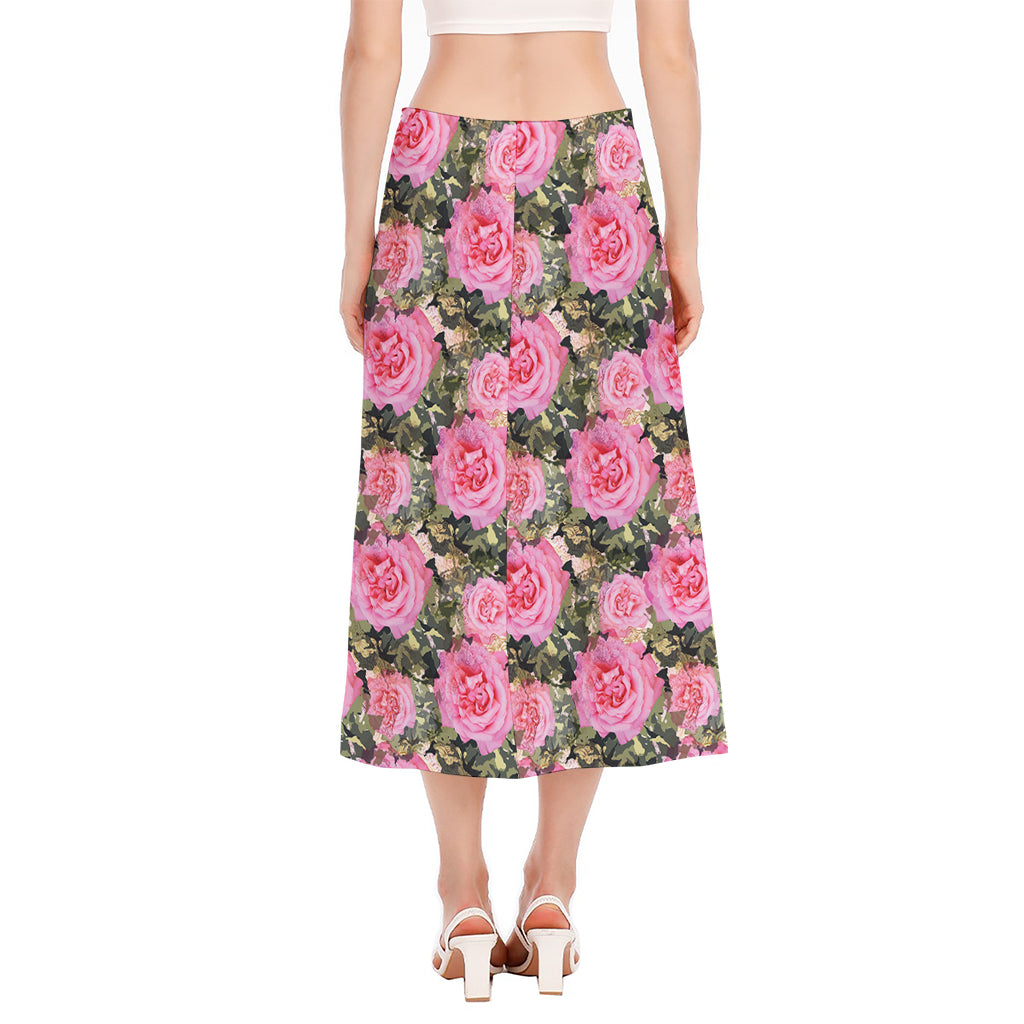Military Camouflage Flower Pattern Print Side Slit Midi Skirt