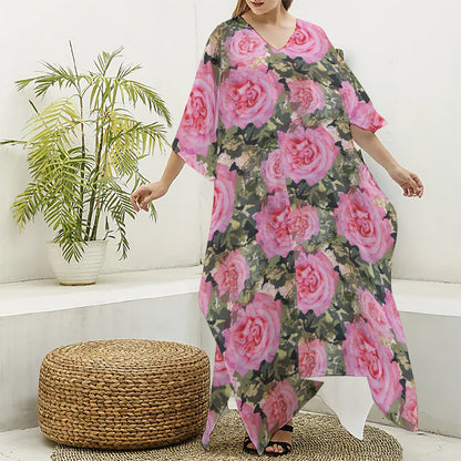 Military Camouflage Flower Pattern Print Silk V-Neck Kaftan Dress