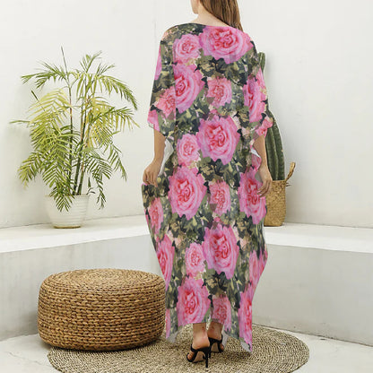 Military Camouflage Flower Pattern Print Silk V-Neck Kaftan Dress