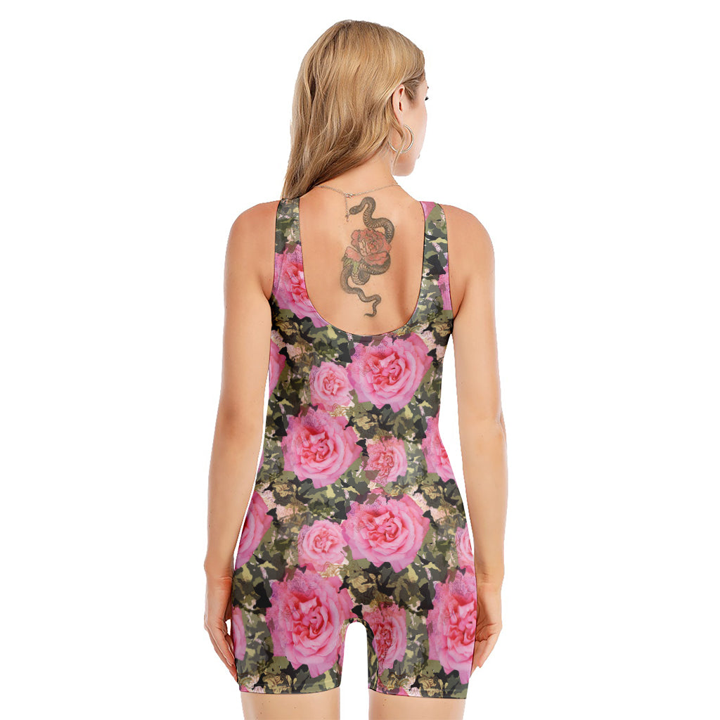 Military Camouflage Flower Pattern Print Sleeveless One Piece Swimsuit