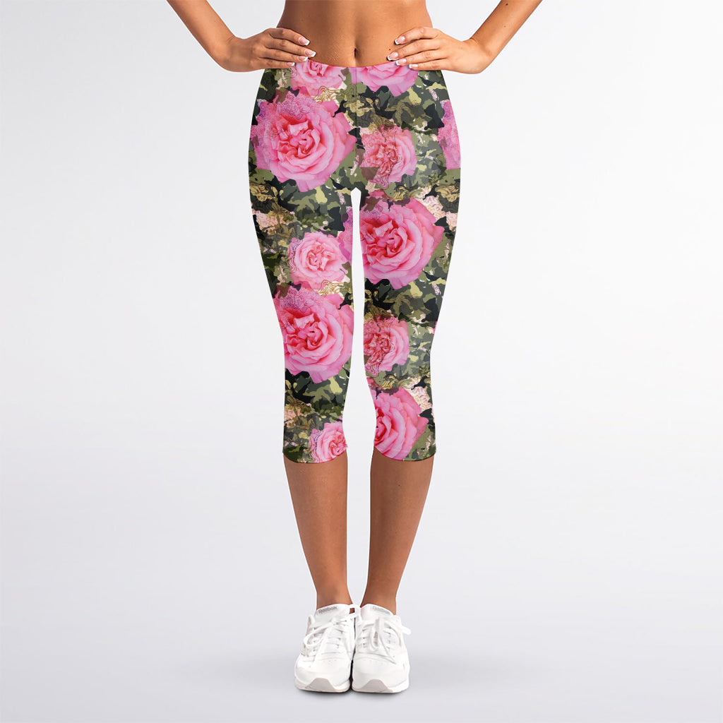 Military Camouflage Flower Pattern Print Women's Capri Leggings