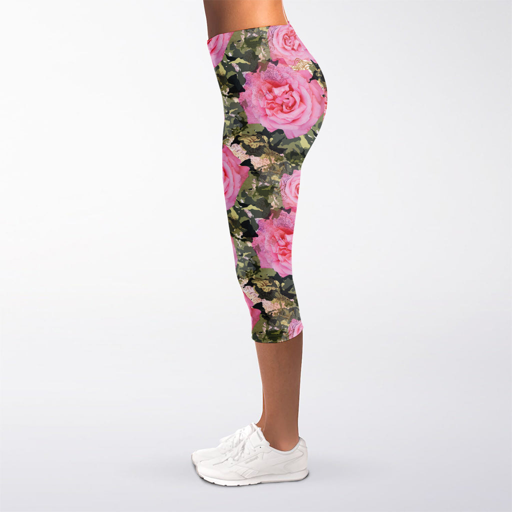 Military Camouflage Flower Pattern Print Women's Capri Leggings