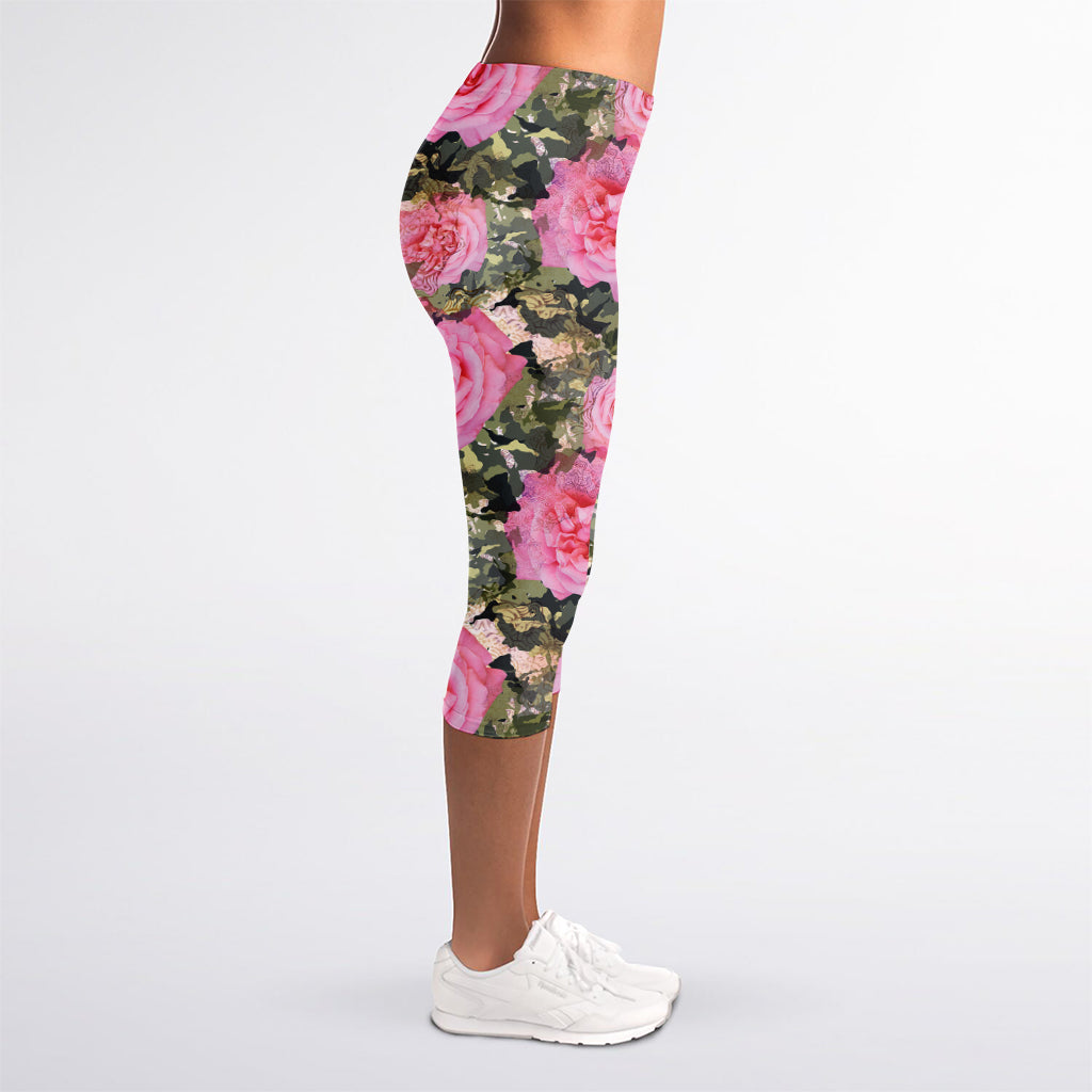 Military Camouflage Flower Pattern Print Women's Capri Leggings