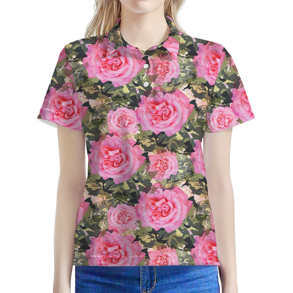 Military Camouflage Flower Pattern Print Women's Polo Shirt