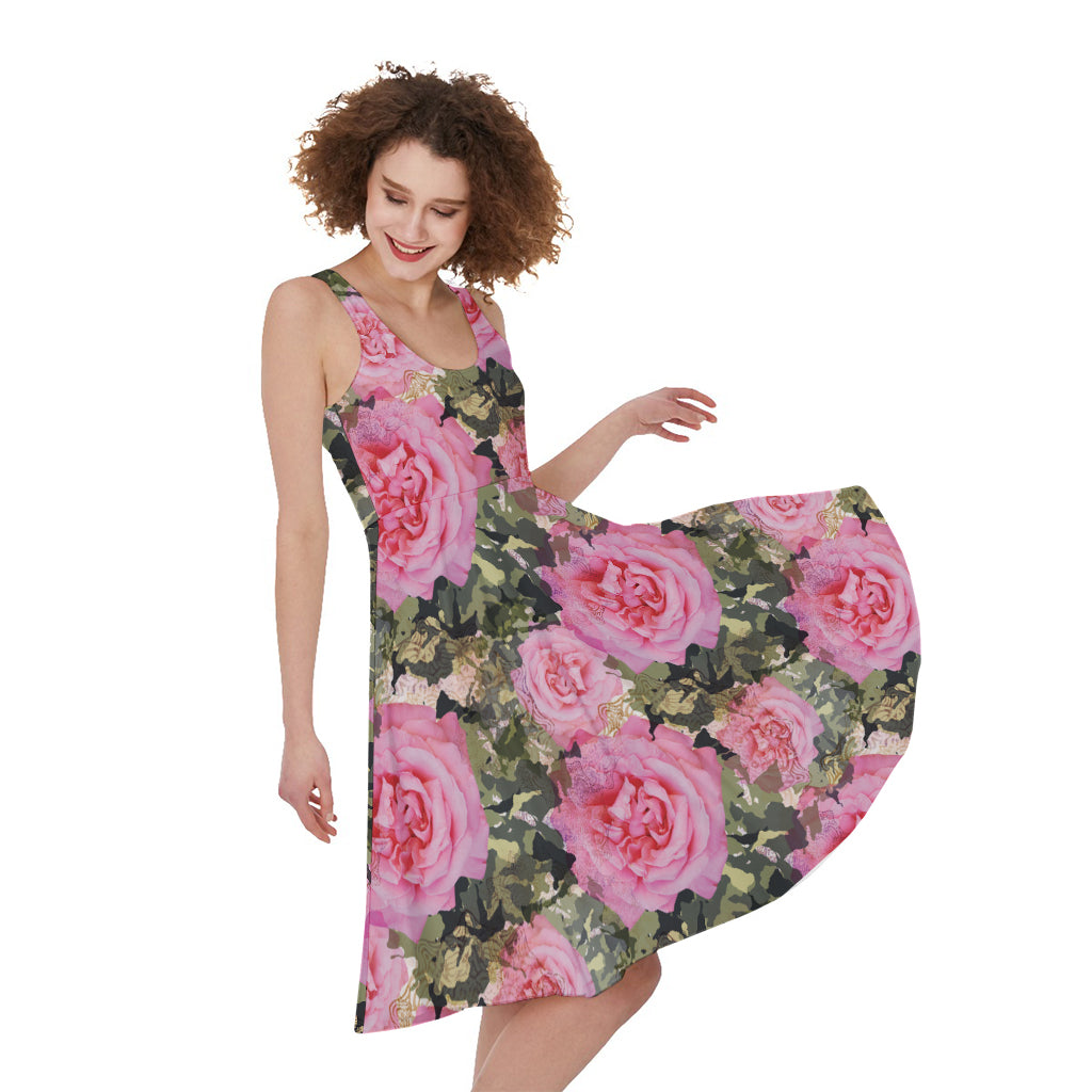 Military Camouflage Flower Pattern Print Women's Sleeveless Dress