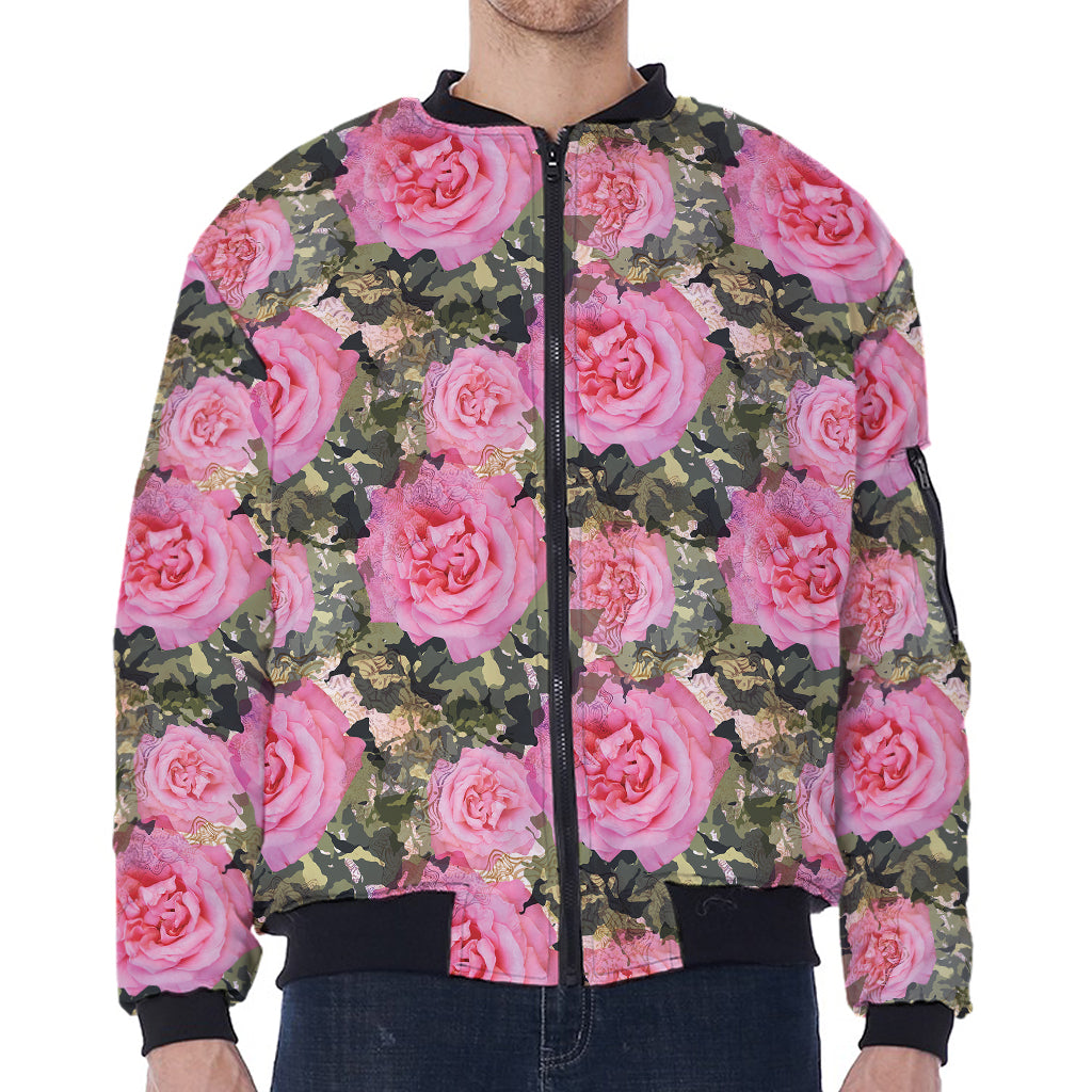 Military Camouflage Flower Pattern Print Zip Sleeve Bomber Jacket