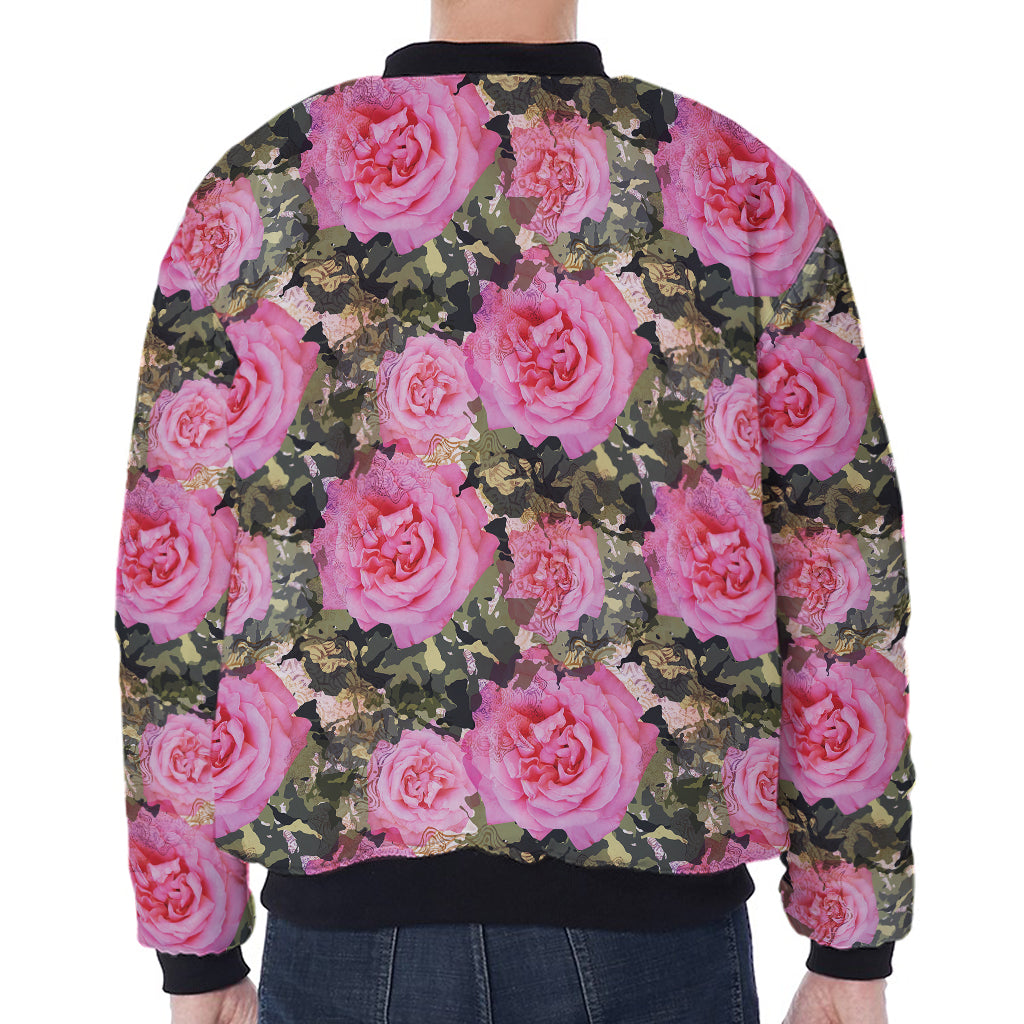 Military Camouflage Flower Pattern Print Zip Sleeve Bomber Jacket