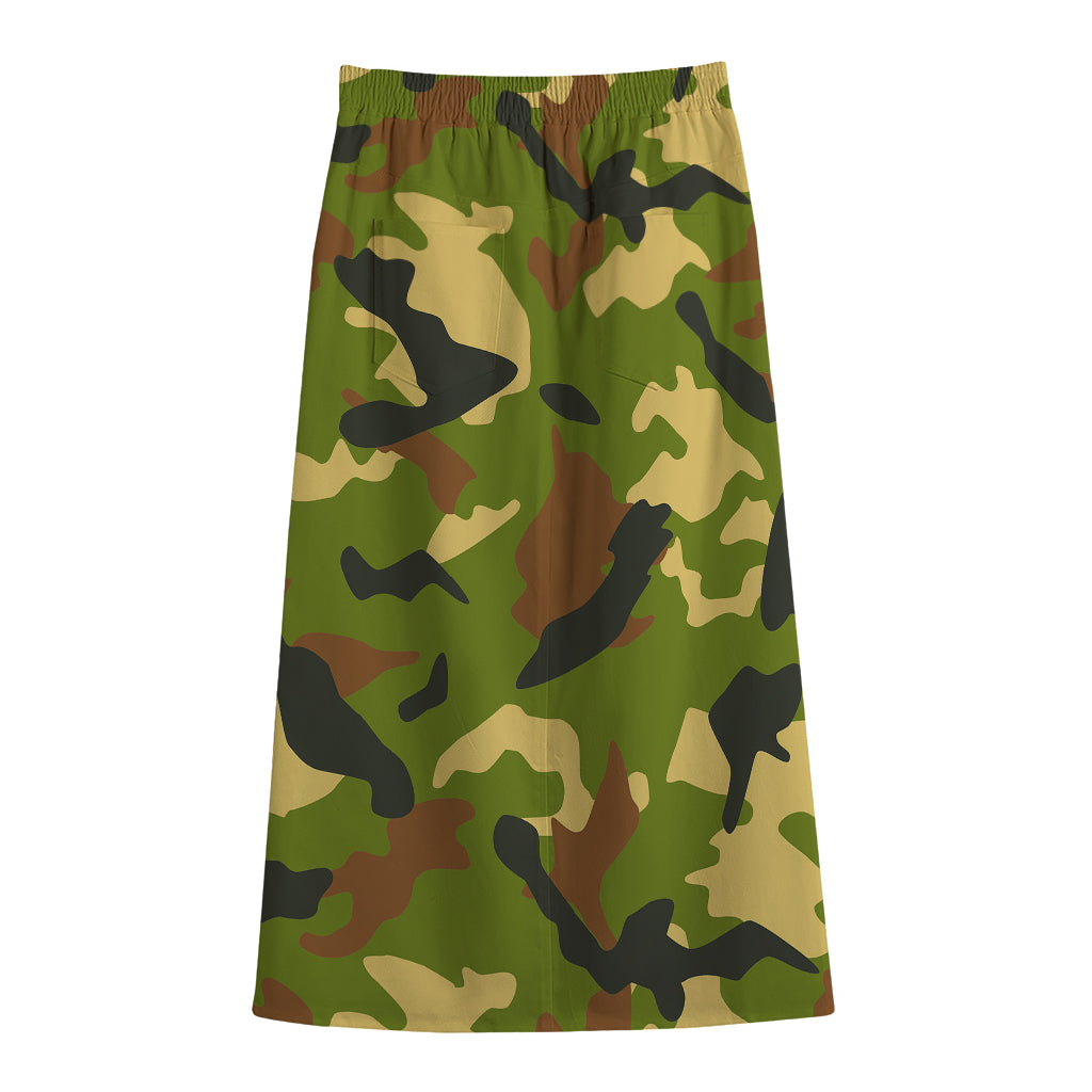Military Camouflage Print Cotton Front Slit Maxi Skirt