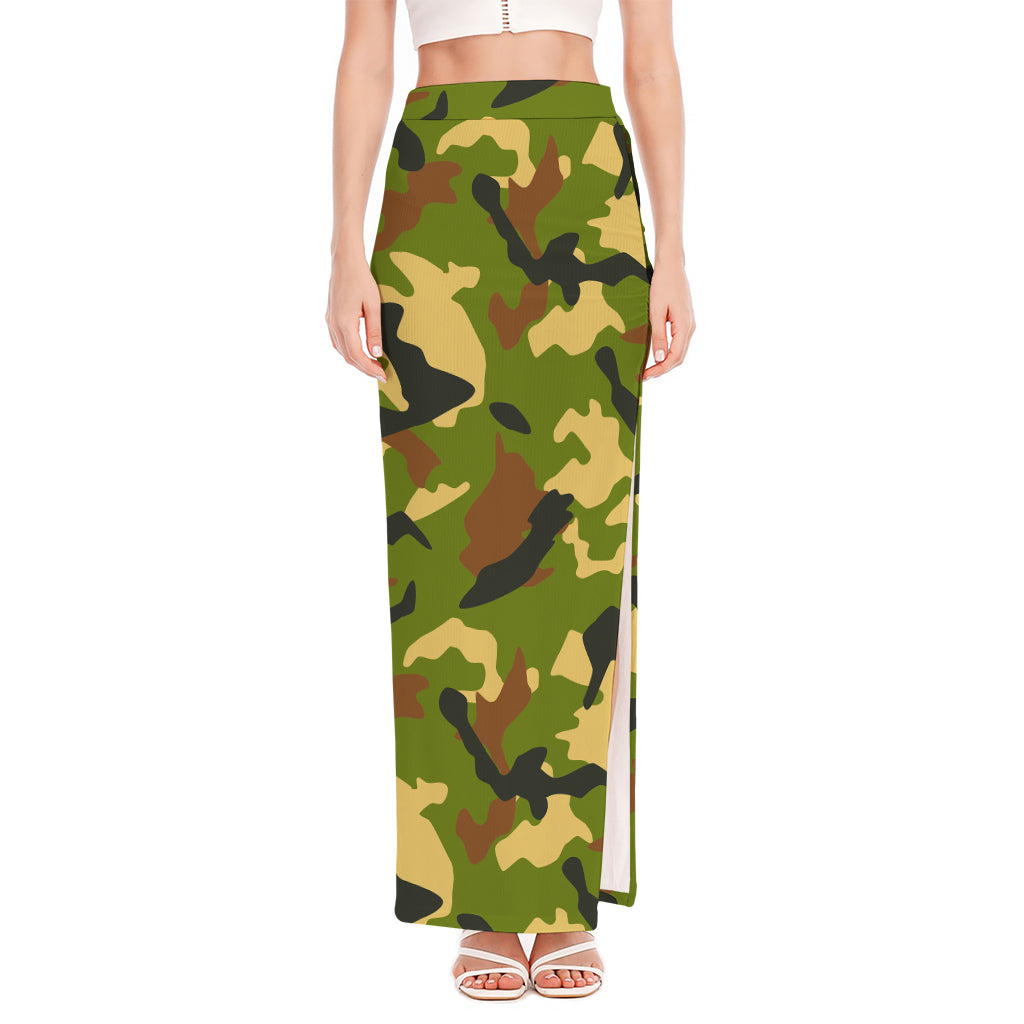 Military Camouflage Print High Slit Maxi Skirt