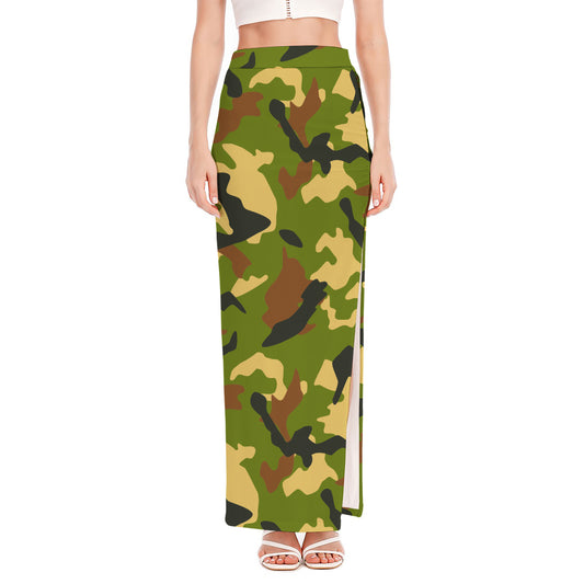 Military Camouflage Print High Slit Maxi Skirt