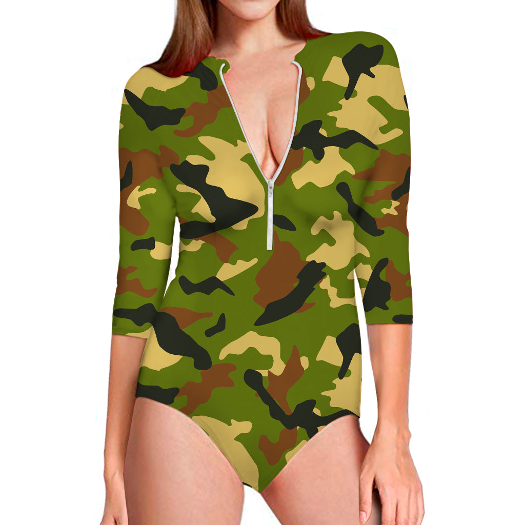 Military Camouflage Print Long Sleeve Swimsuit