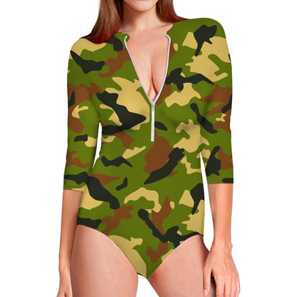 Military Camouflage Print Long Sleeve Swimsuit