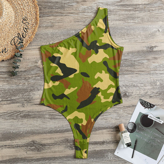 Military Camouflage Print One Shoulder Bodysuit