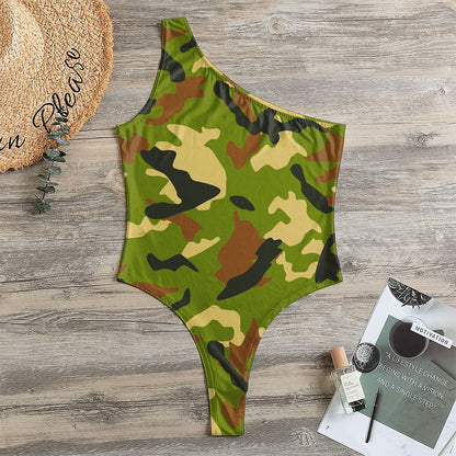 Military Camouflage Print One Shoulder Bodysuit