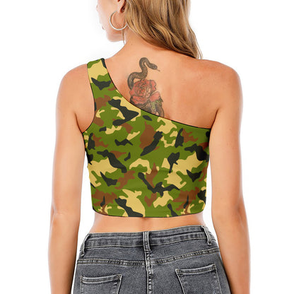 Military Camouflage Print One Shoulder Crop Top