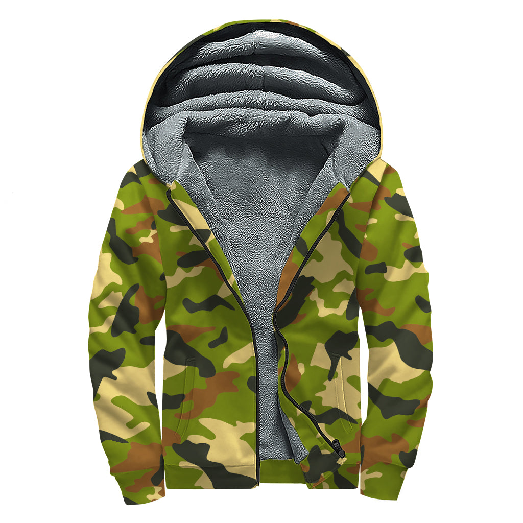 Military Camouflage Print Sherpa Lined Zip Up Hoodie